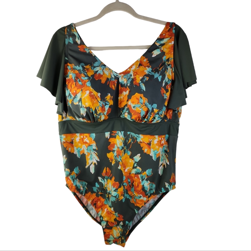D & Co. 1pc Green Floral Swimsuit Women's Size 20W Short Sleeve PRICE FIRM